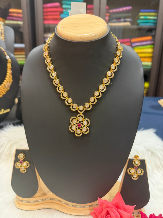 1 gram Gold Indian Necklace and Earrings set Ruby & White stones N6