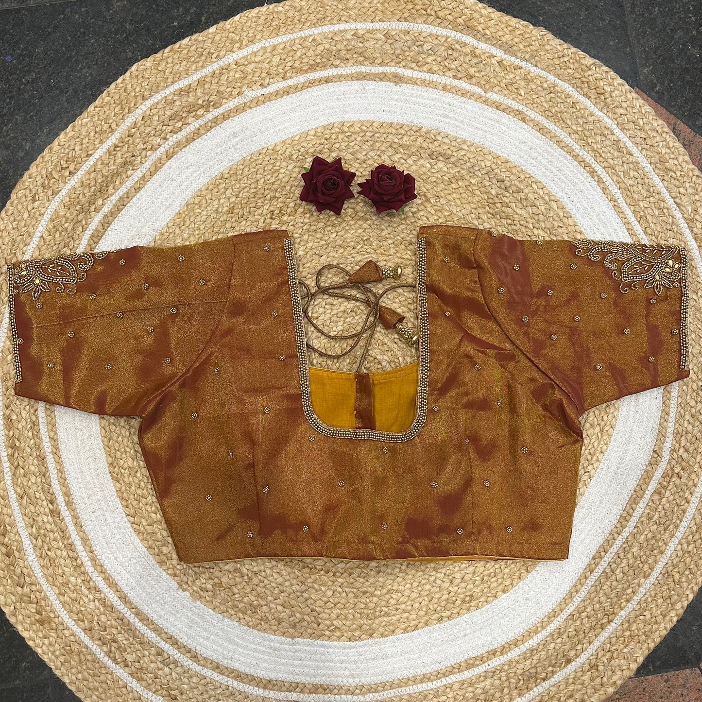 46” Size 16 Aari Worked Sari Blouse Indian Saree Top Silk Orangish Copper B417