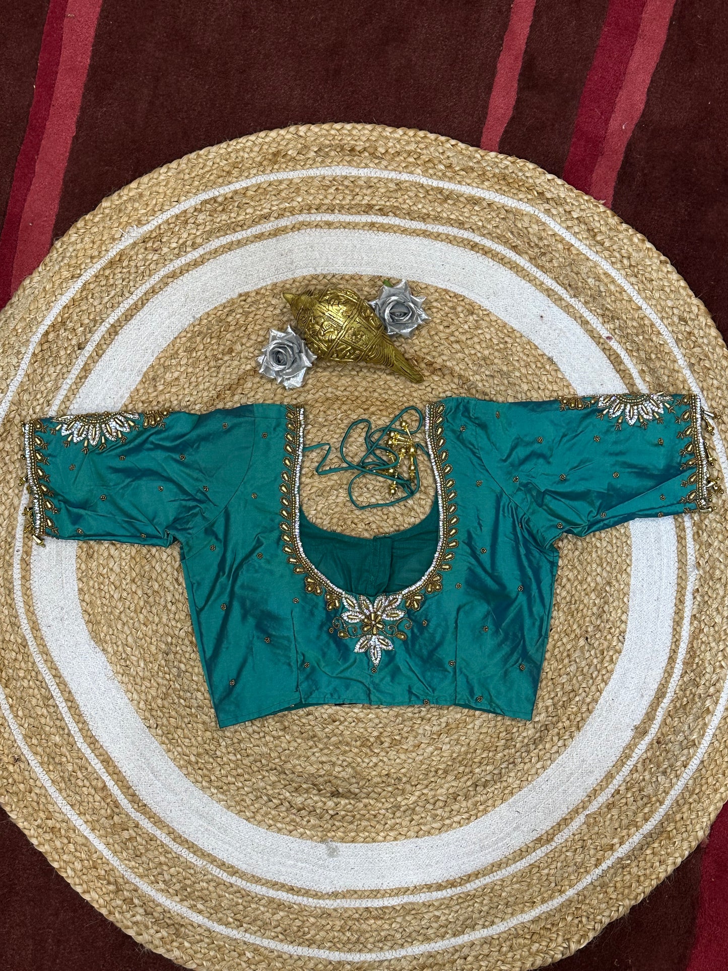 34” XS Aari Worked Sari Blouse Indian Saree Top Silk Turquoise B119