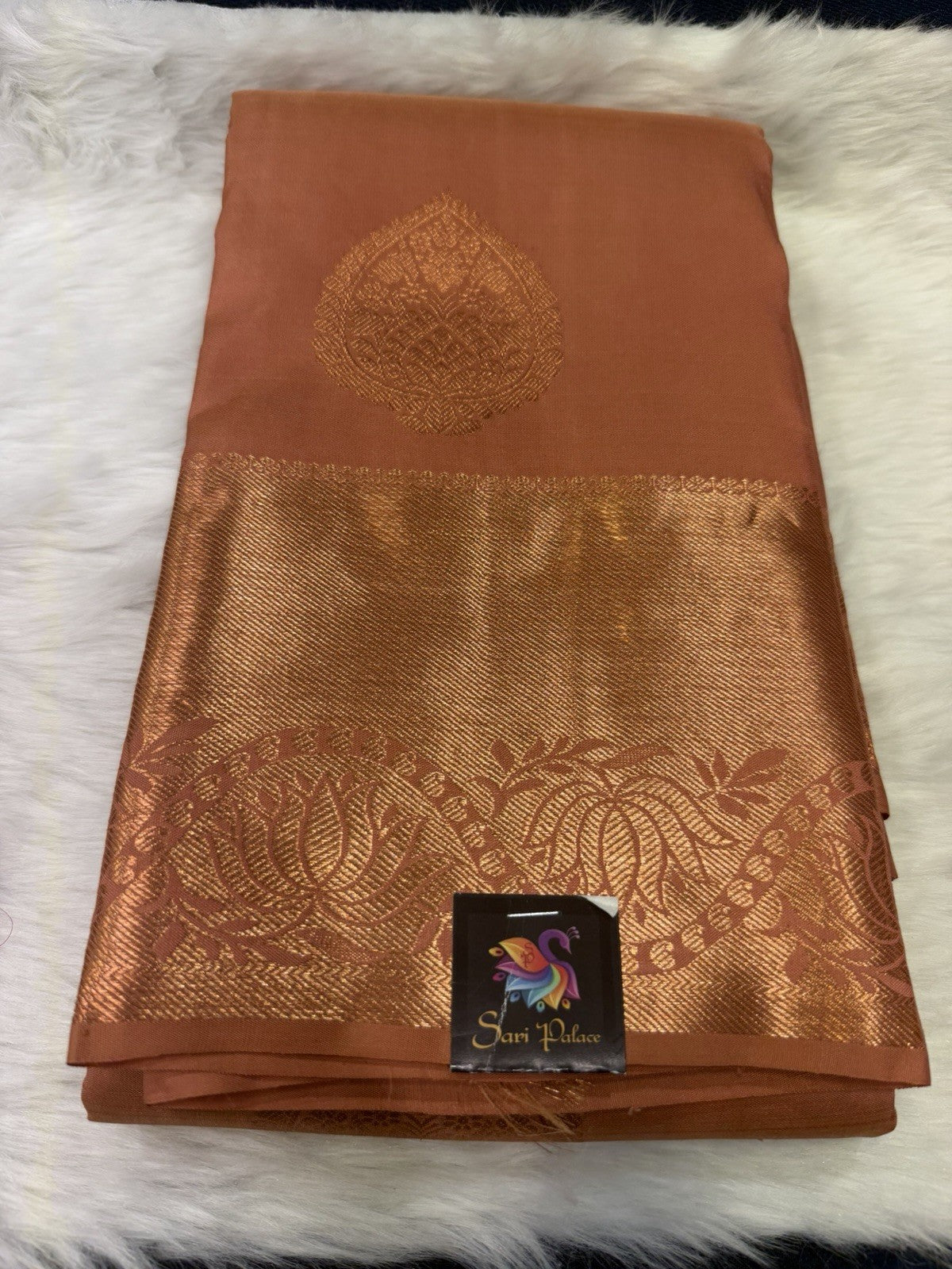 SPK002 Kanjivaram Saree Pure Silk Indian Kanchipuram Sari Peach With Copper Jari