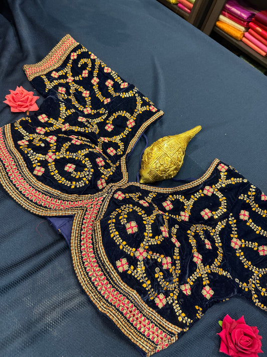42” Navy Blue Velvet Sari Blouse Indian Top Choli B2