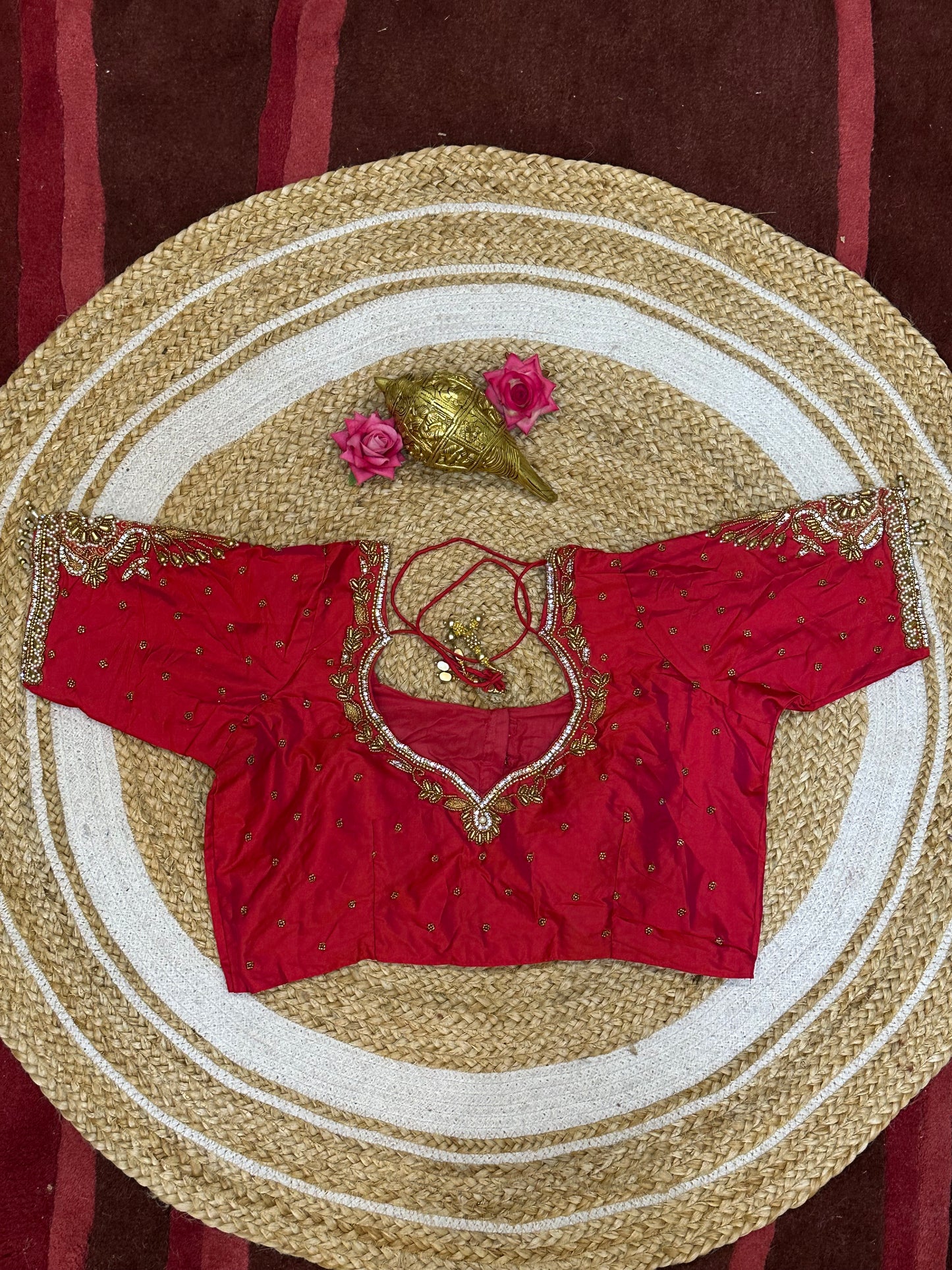 40” Size 10 Aari Worked Sari Blouse Indian Saree Top Silk Red B91