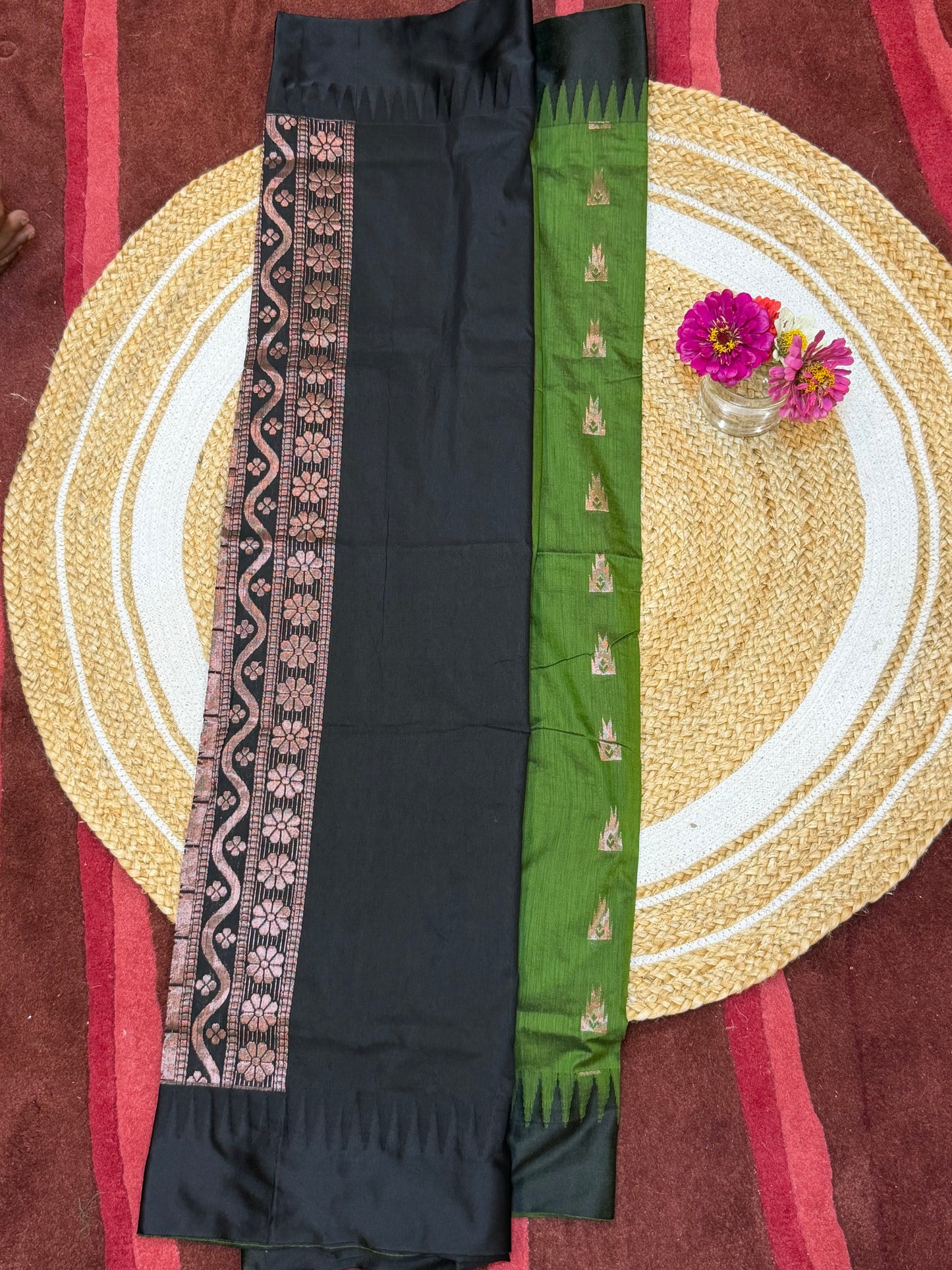 Kalyani checkered Silk Cotton Sari Indian Saree Green & Black S7