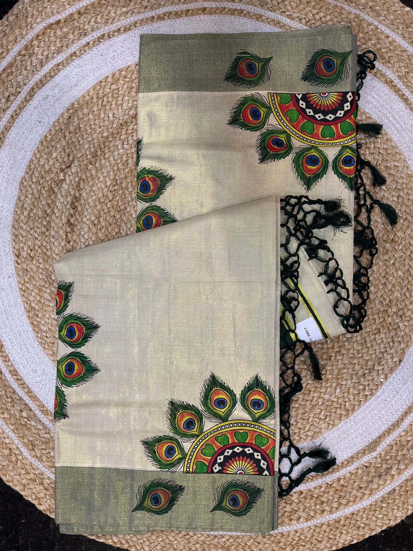 Kerala Vishu Sari Indian Cream Tissue hand Printed Kasavu Onam Saree C18