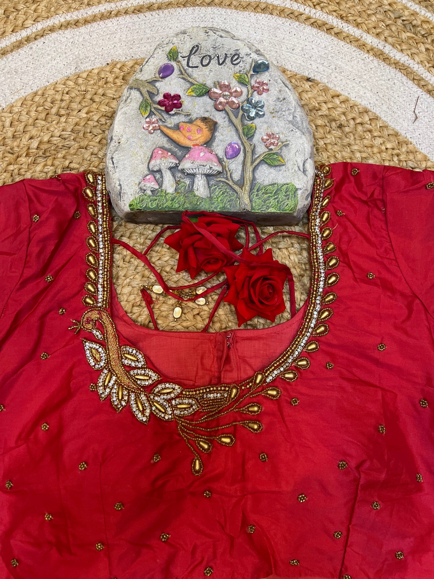 40” Aari hand Worked Sari Blouse Indian Top Choli Silk Red B31