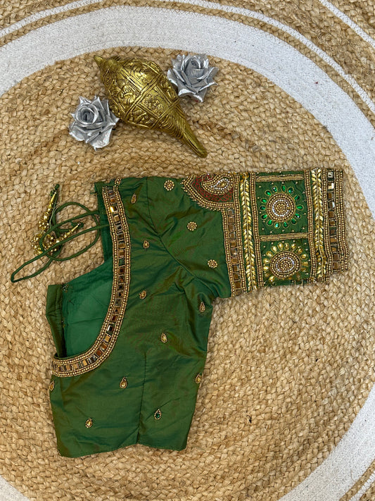 34” XSmall Aari Worked Sari Blouse Indian Saree Top Silk Green B114