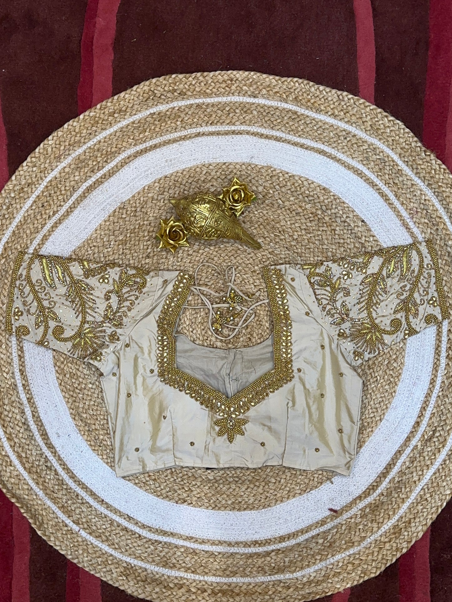 40” Size 10 Aari Worked Sari Blouse Indian Saree Top Silk Cream B85