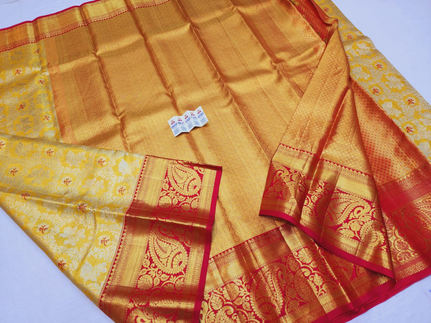 Tissue Bridal Kanchipuram Pure Silk Saree Yellow & Maroon Kanjivaram Sari| SPK113