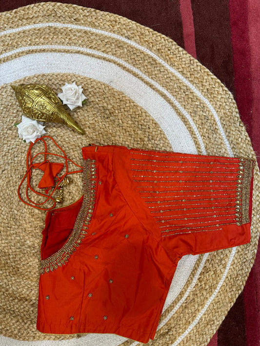 50” Size 20 Aari Worked Sari Blouse Indian Saree Top Silk Orange B55