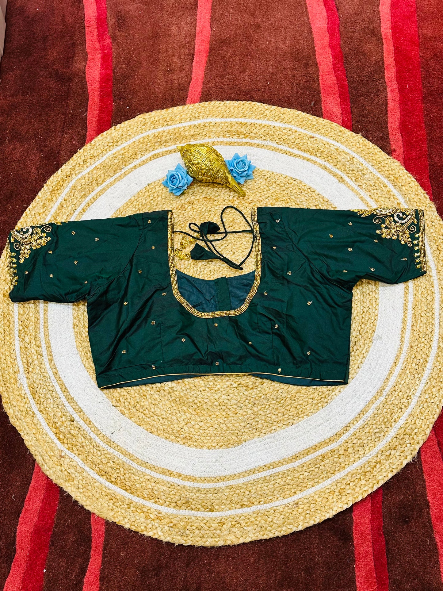 46” Size 16 Aari Worked Sari Blouse Indian Saree Top Silk Bottle Green B191