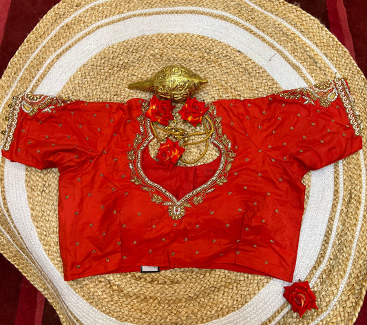 40” Bridal Aari hand Worked Sari Blouse Indian Top Choli Silk Red B36