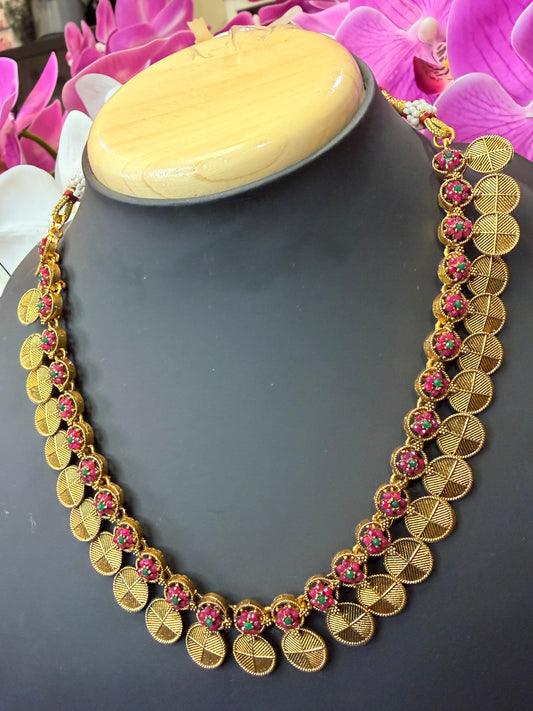 Indian Necklace & Earrings Ruby Pink & Green Multi Addiyal Jewellery Set V4