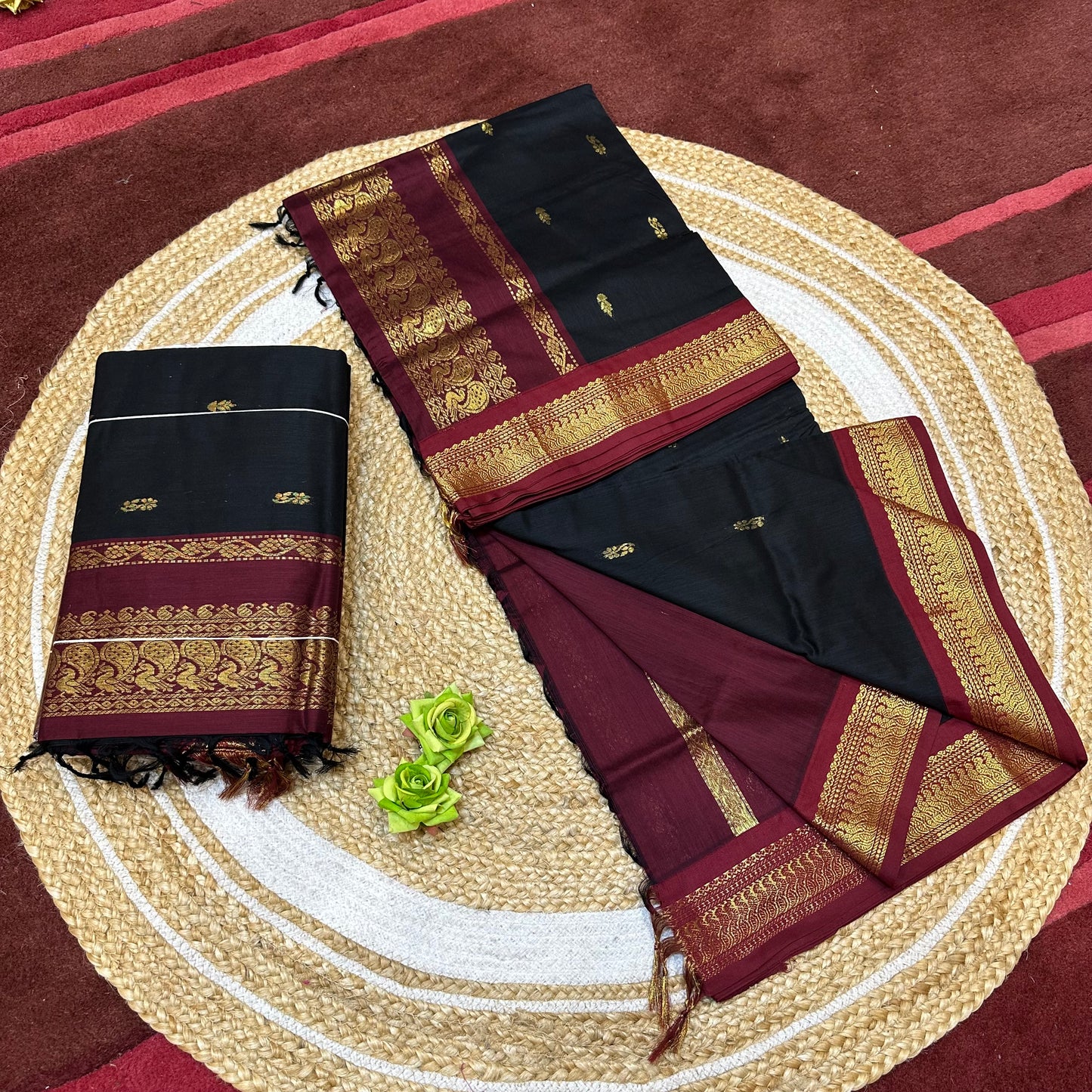 Black & Maroon Kalyani Silk Cotton Sari South Indian Saree S140