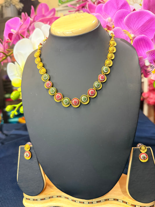 Indian Necklace & Earrings Ruby Pink & Green Multi Addiyal Jewellery Set V4