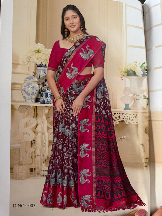 Indian Crape Silk Saree Kalamkari Printed Sari S150