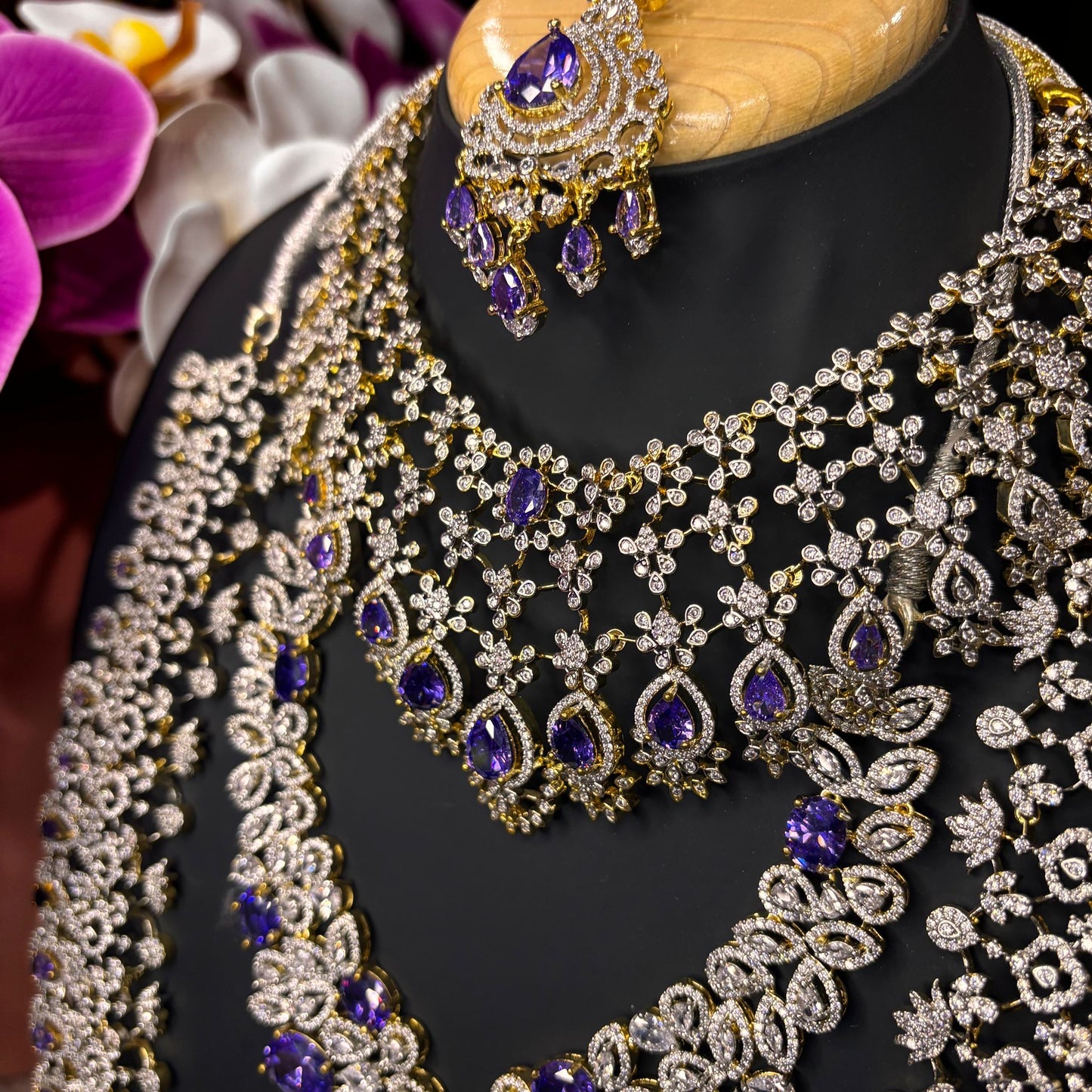 AD Bluish Purple and Silver Indian Bridal Necklace Haram set N37