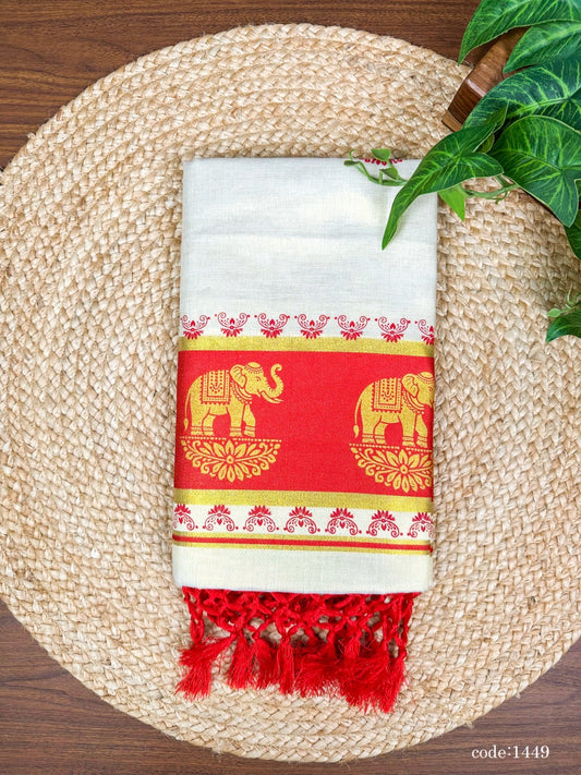 Red Elephant Kerala Vishu Sari Indian Cream Tissue Saree C7