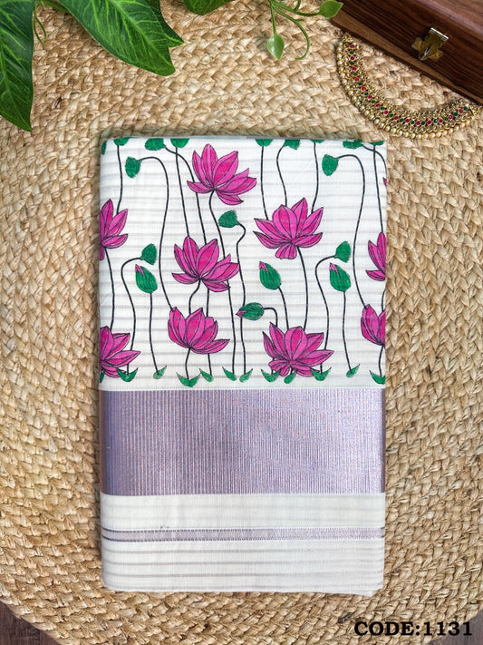 Lotus Kerala Vishu Sari Indian Cream Tissue hand Printed Saree C10