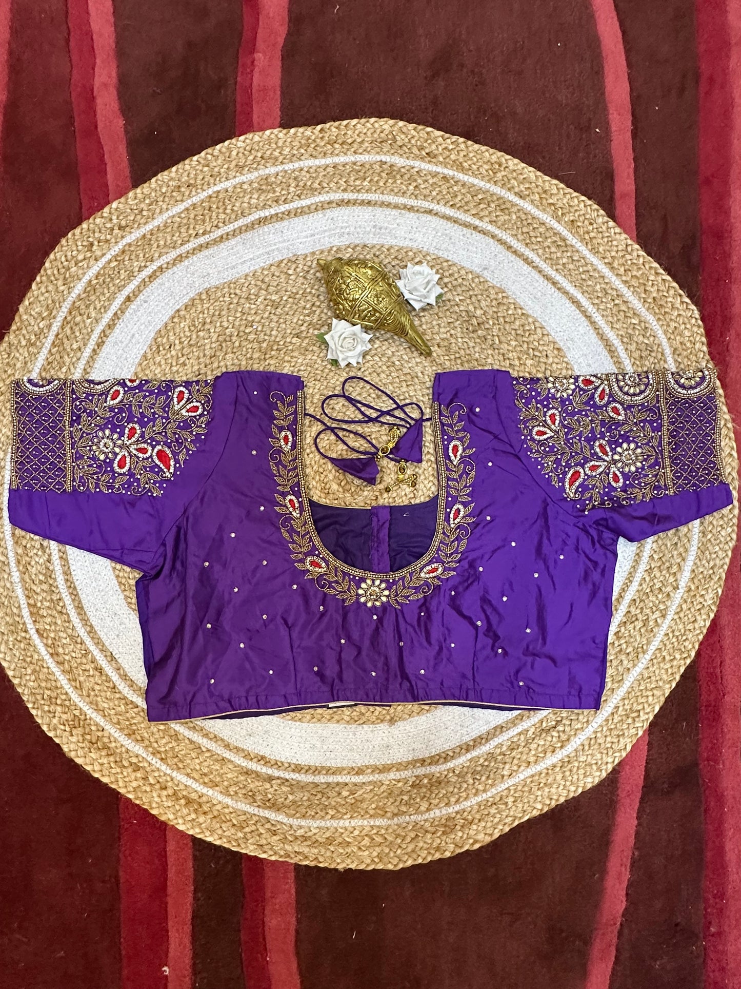 50” Size 20 Aari Worked Sari Blouse Indian Saree Top Silk purple B56