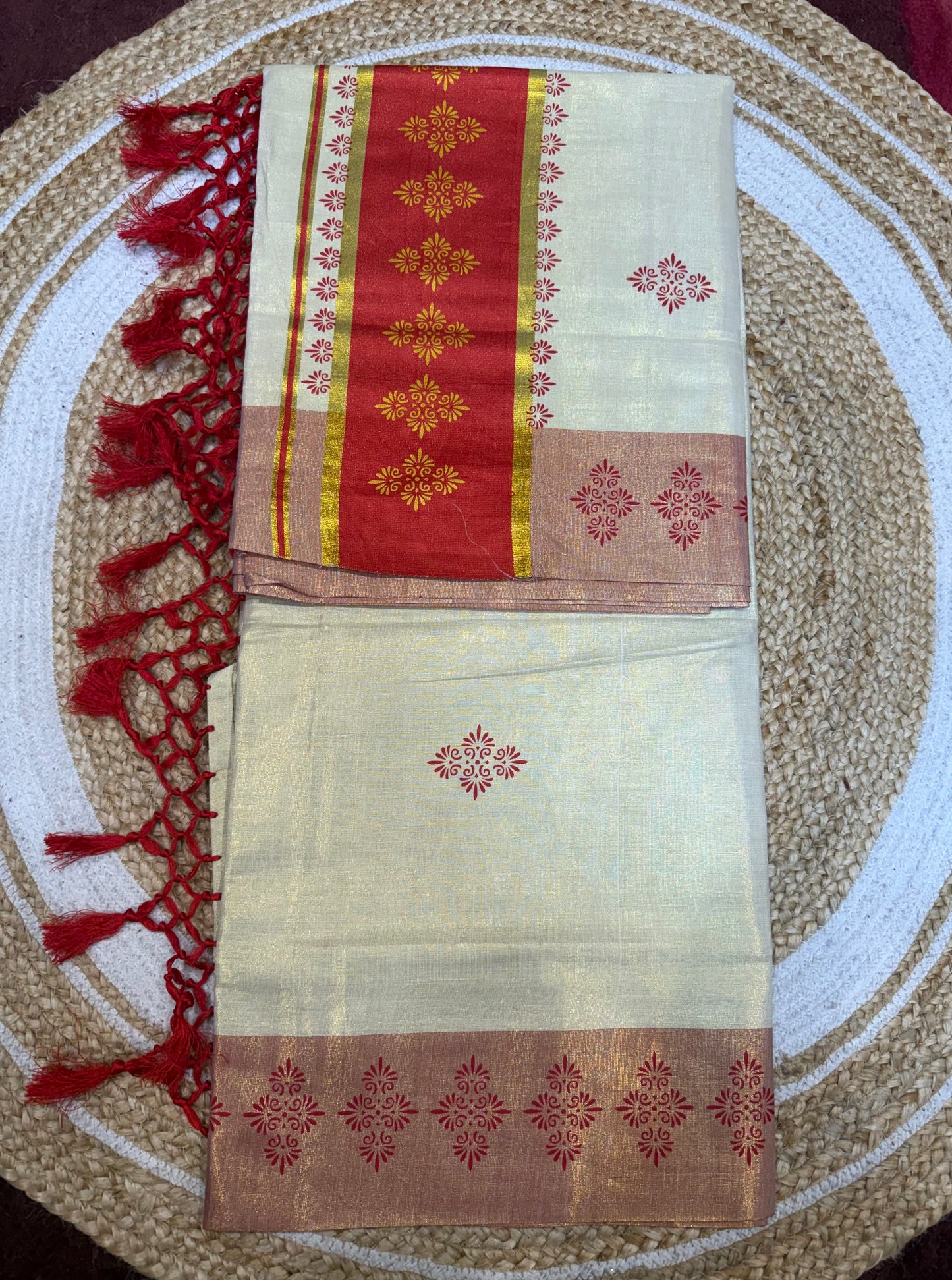 Green Kerala Vishu Sari Indian Cream Tissue Saree C9 - Col 2