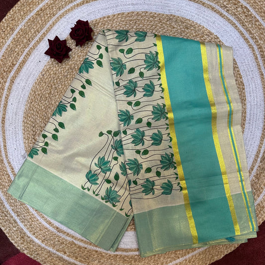 Aqua Blue Lotus Kerala Vishu Sari Indian Onam Tissue hand Painted Saree C10