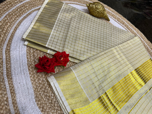 Kerala checkered Vishu Sari Indian Onam Gold Saree C16
