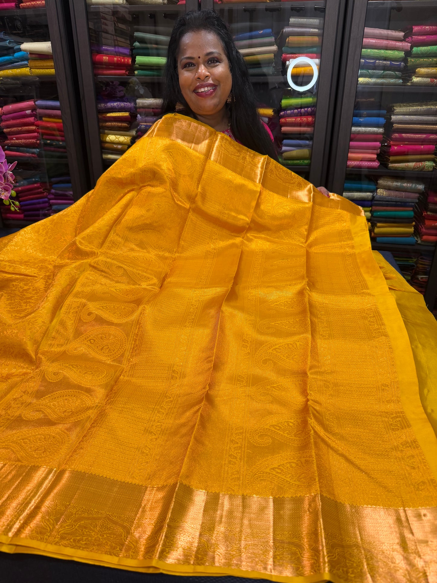 Kanchipuram Pure Silk handloom Bridal Saree Indian Kanjivaram Yellow Sari SPK367