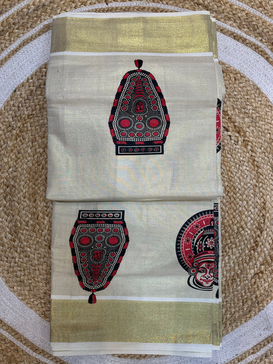Red Kerala Vishu Sari Indian Cream Tissue hand Printed Onam Saree C17 Col 3