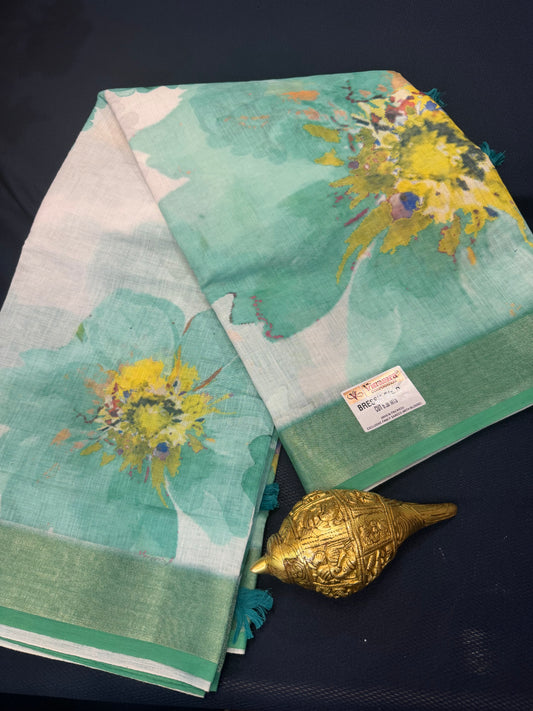 White & Sea Green Digital Printed Linen Sari Indian casual Saree C5