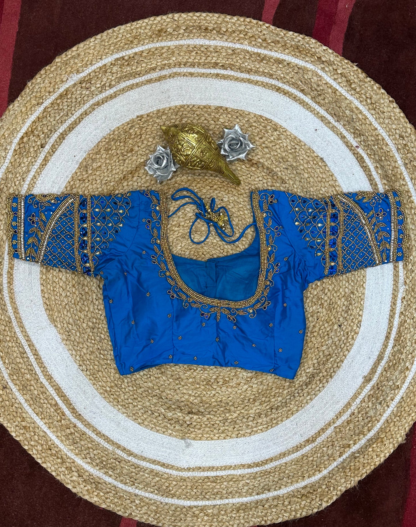 34” XS Aari Worked Sari Blouse Indian Saree Top Silk Blue B108