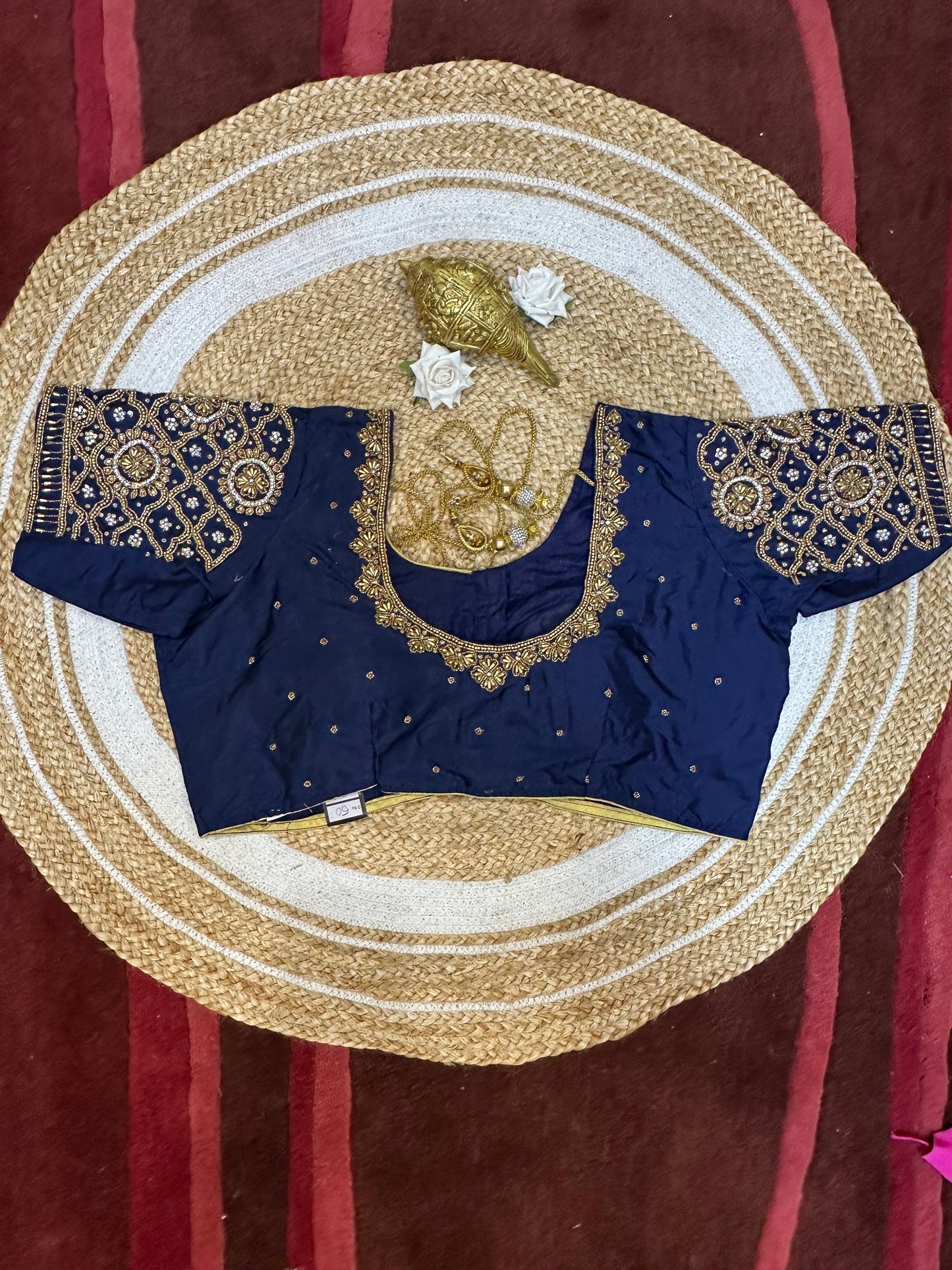 50” Size 20 Aari Worked Sari Blouse Indian Saree Top Silk Blue B62