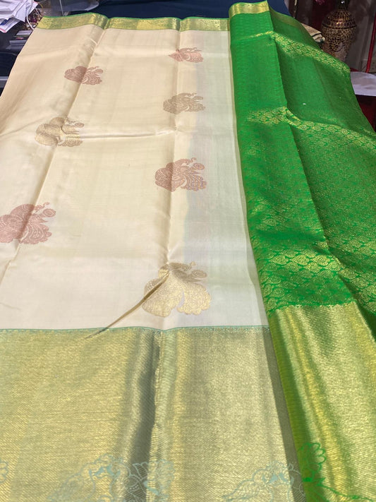 Kanchipuram Pure Silk Saree Cream & Green Kanjivaram Sari| SPK133