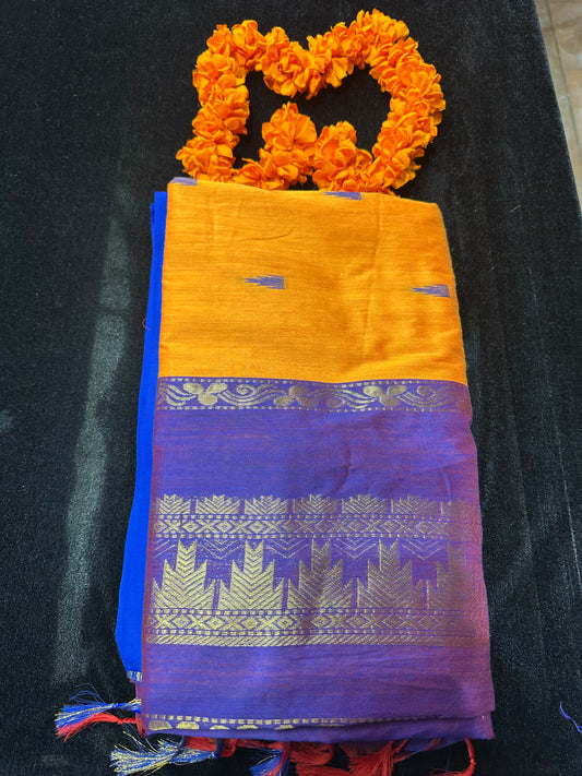 Kalyani Silk Cotton Sari Indian Saree Mango Yellow & Purple S57