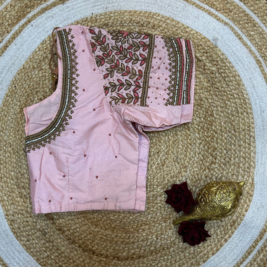 44” Size 14 Aari Worked Sari Blouse Indian Saree Top Silk Baby Pink B256