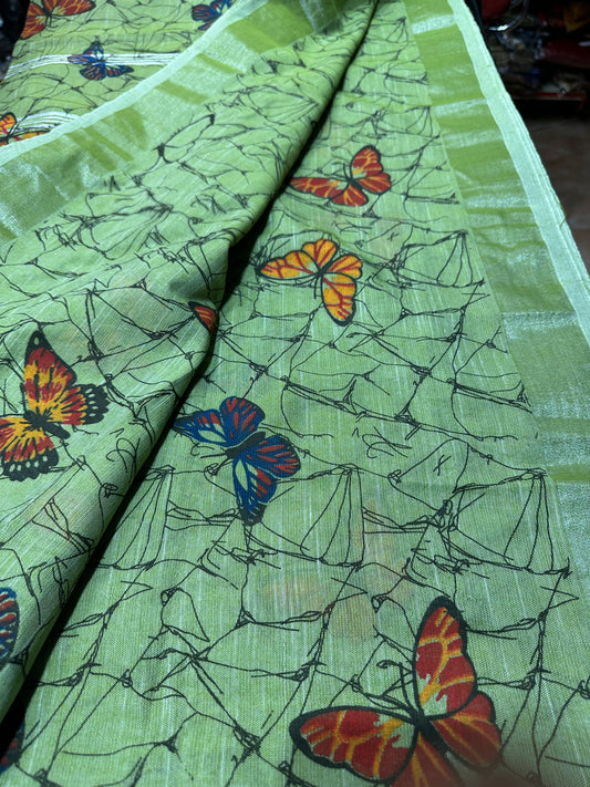 Khadi Soft Cotton Linen Sari Indian Saree Mint Green Butterfly S78