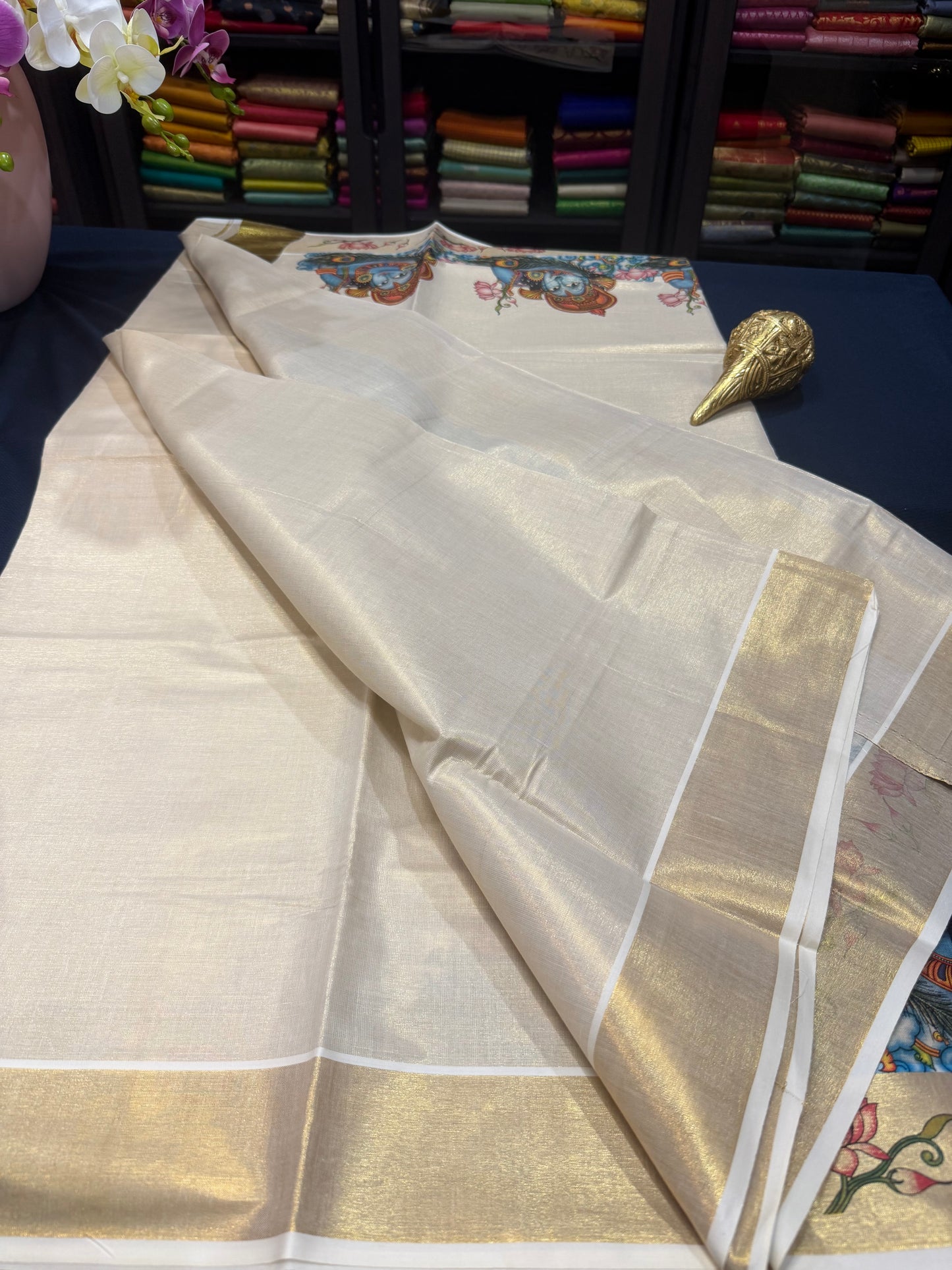 Kerala Vishu Sari Indian Cream Tissue hand Printed Saree C7 - 1