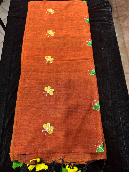 Khadi Soft Cotton Linen Sari Indian Saree Rusty Orange S59