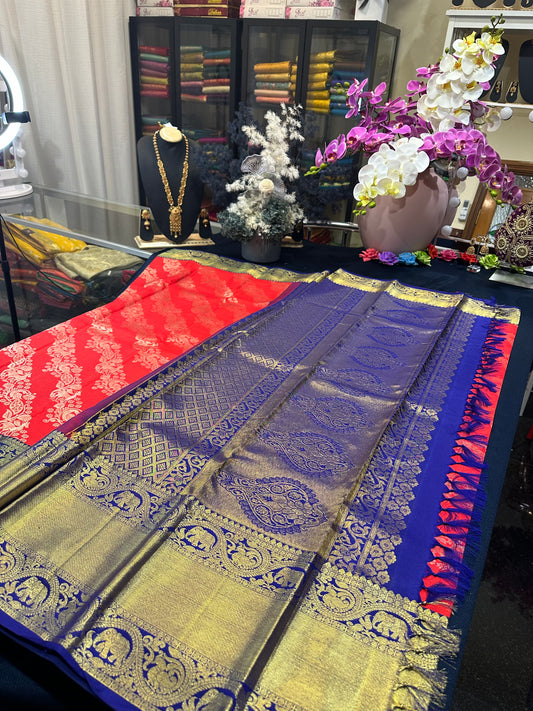 Bridal Kanchipuram Pure Silk Saree Red & Blue Kanjivaram Sari| SPK130