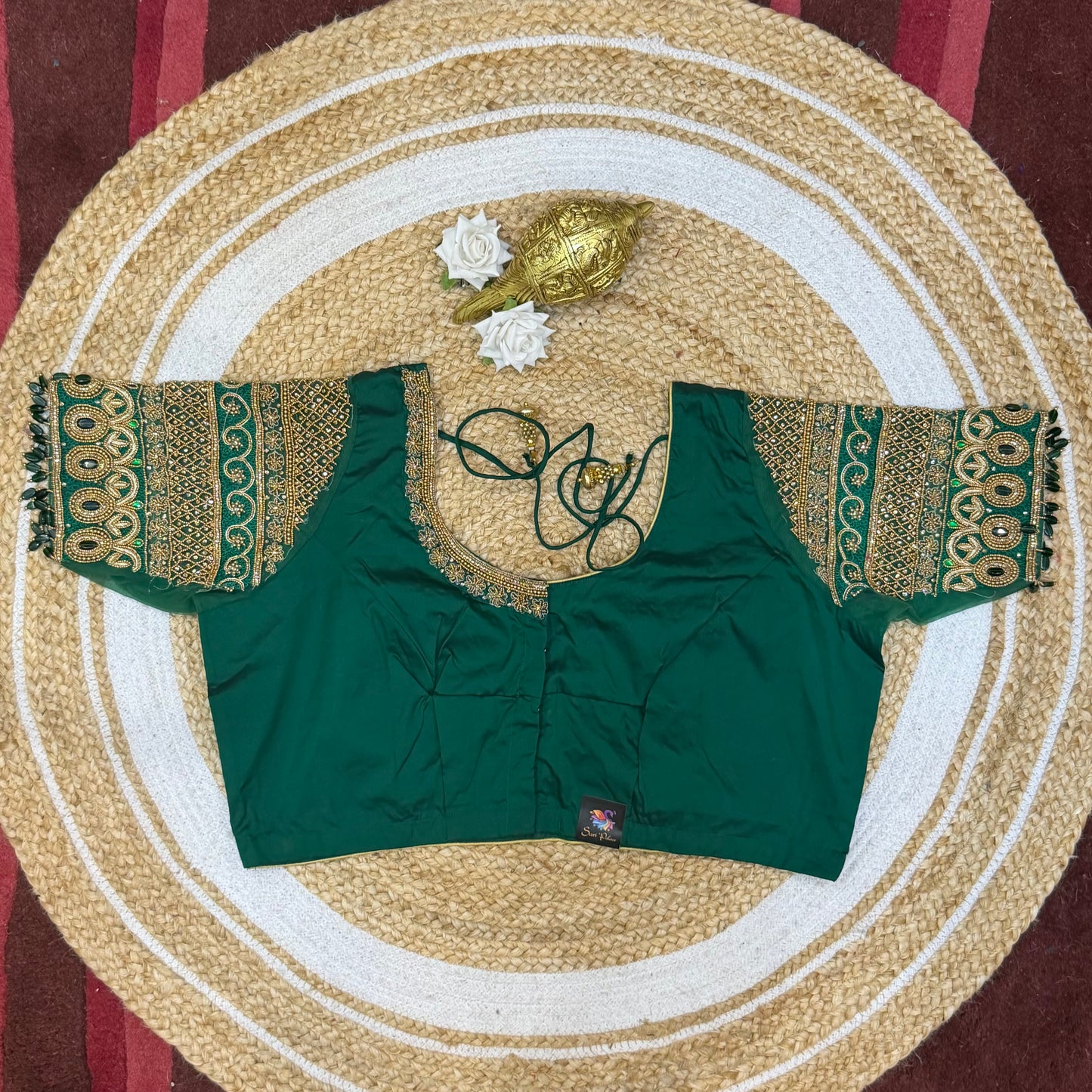 46” Size 16 Aari Worked Sari Blouse Indian Saree Top Silk Bottle Green B219