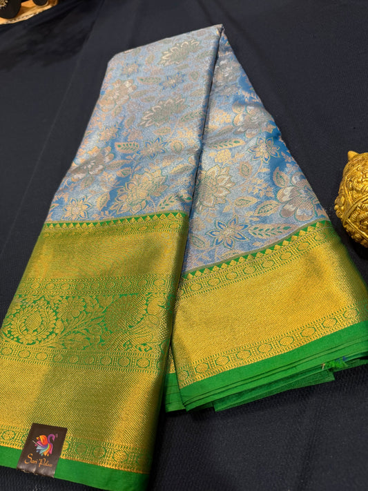 Semi Silk Indian Bridal Tissue Kanjivaram / Kanchipuram Sari Blue Saree SEMI1