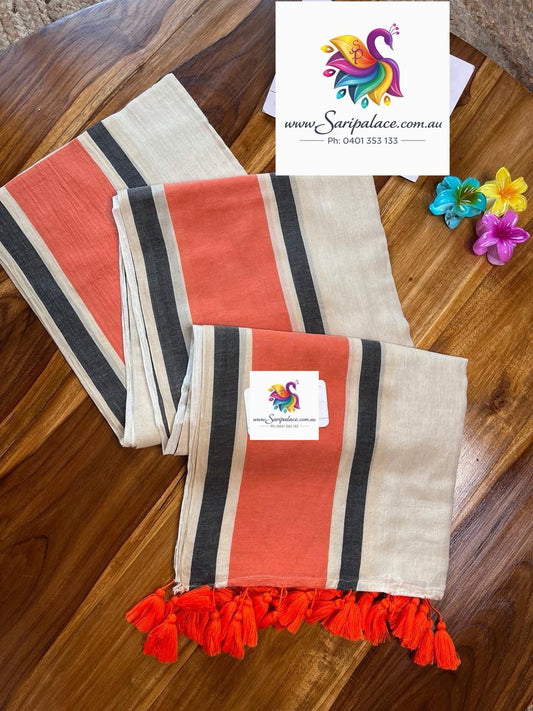 MUL Cotton Sari Indian casual Kerala Saree Cream Gold Red C40