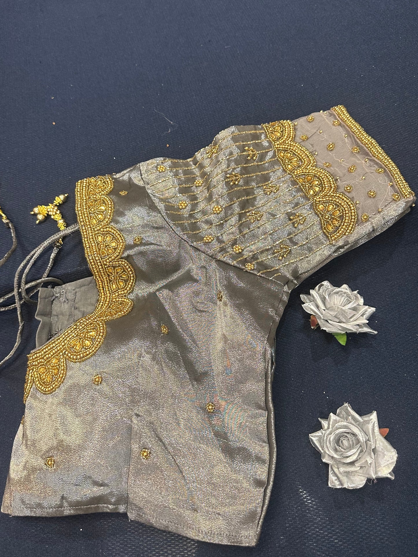 40” Aari hand Worked Sari Blouse Indian Top Choli Silk Metallic Antique Gold B15