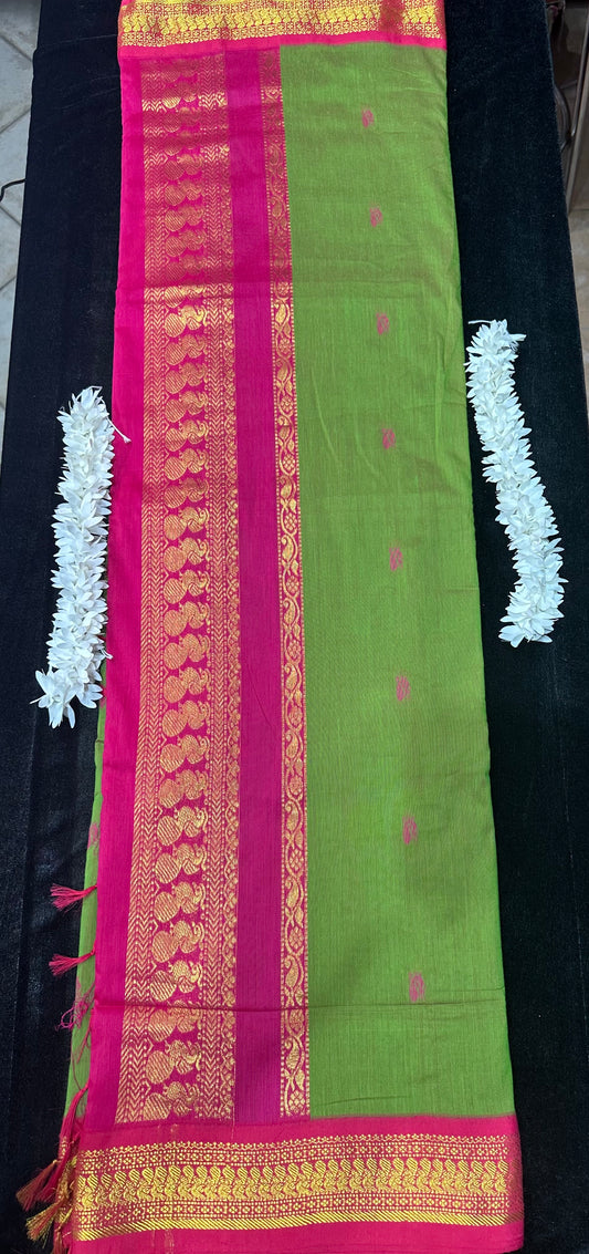Kalyani Silk Cotton Sari Indian Saree Green & Pink S48
