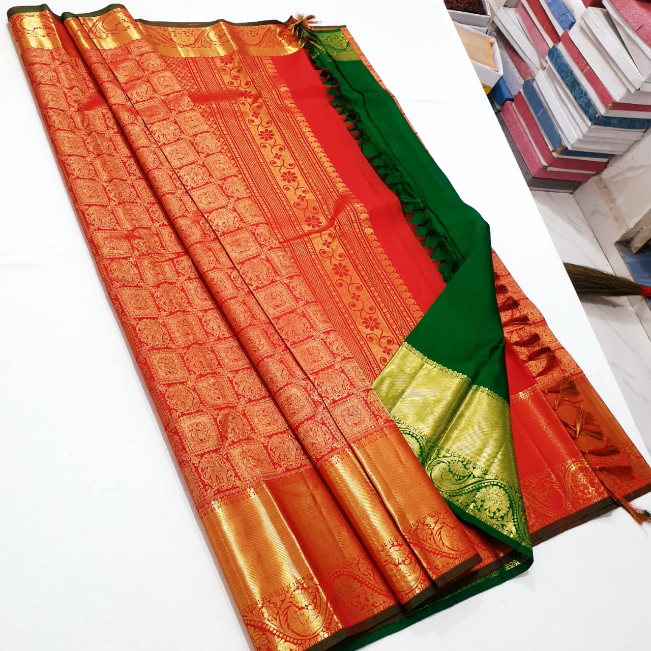 Bridal Kanchipuram Pure Silk Saree Red & Green Kanjivaram Sari| SPK