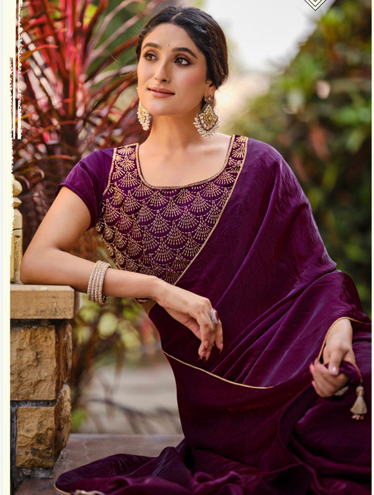 Wine Indian Fancy Party wear Saree Fendi Silk Bollywood Sari C24