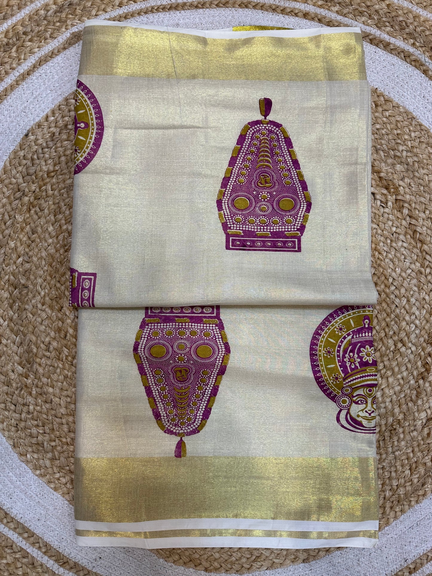 Green Kerala Vishu Sari Indian Cream Tissue hand Printed Onam Saree C17 Col 1