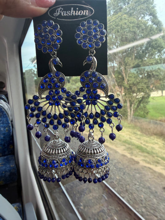 Royal Blue Oxidised Silver colour Indian Earrings Stylish Indian Jewellery E13