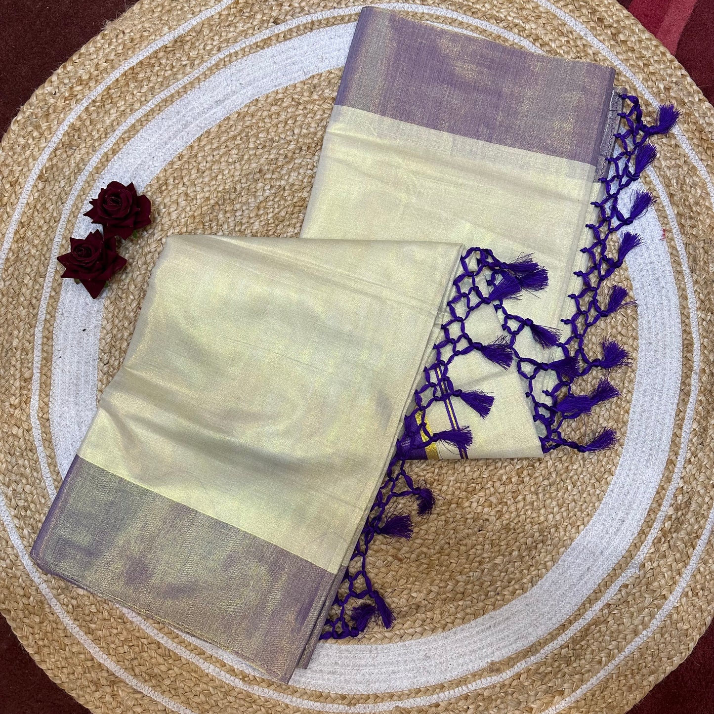 Grey Kerala Vishu Sari Indian Cream Tissue Saree C34