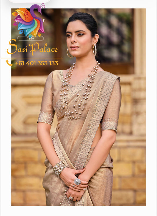 Golden Beige Indian Fancy Party wear Saree Fendi Silk Sari S138
