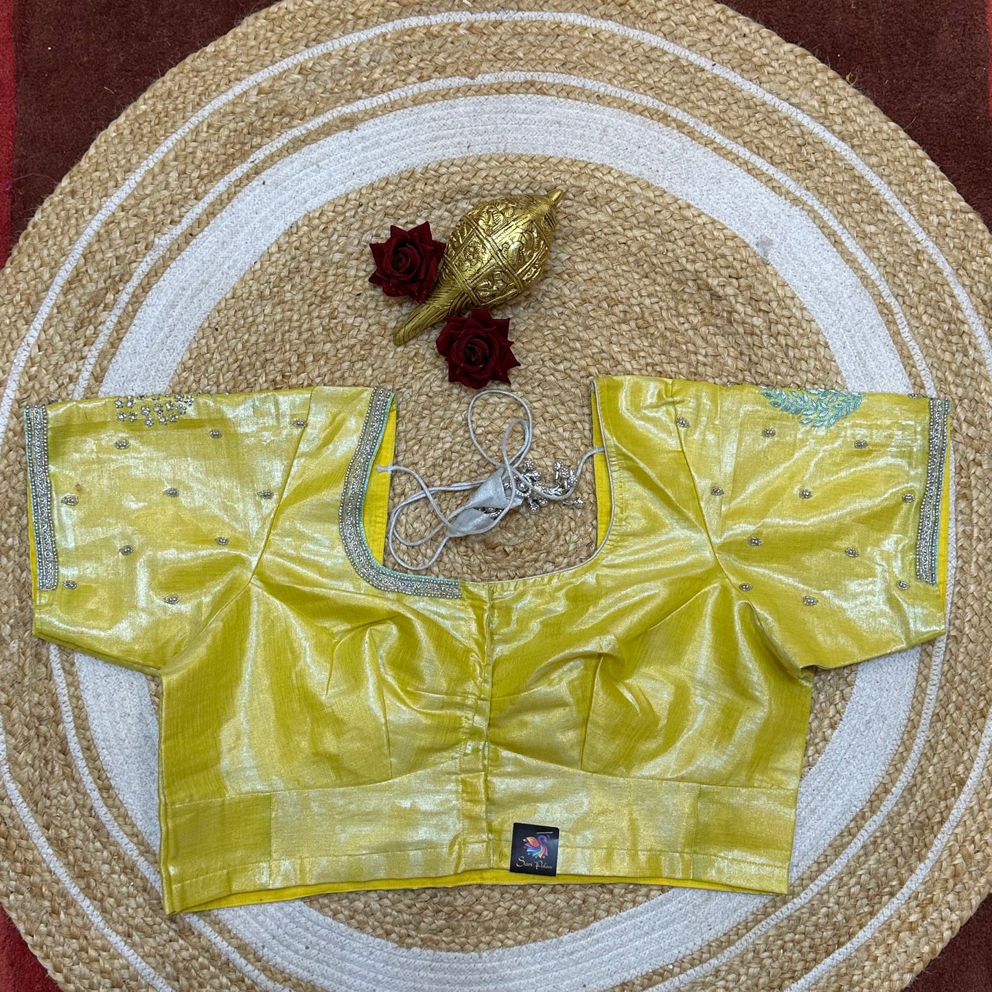 L44” Size 14 Aari Worked Sari Blouse Indian Saree Top Metallic Yellow B261